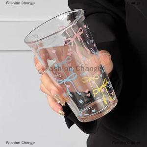 [COD] Fashion Change Bow Glass Cute Water Cup Cartoon Bow Glass Cup Striped Cute Doodle Coffee Mug Household Fruit Tea Lemonade Girls Gift