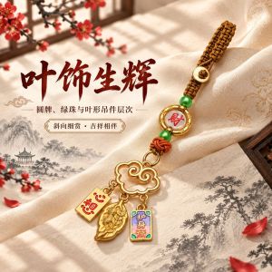 已开光 招财钥匙扣 手机链 礼物 Fortune-Taking Keychain Mobile Phone Chain Gift 叶饰生辉棕绳车挂饰财字圆牌金叶平安如意钥匙扣手机链吉祥小挂饰
