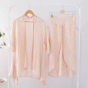 ONE SET BATIK WANITA MODERN SETELAN CELANA PANJANG BATIK SET BATIK KULOT BATIK LEBARAN BATIK KONDANGAN - COKLAT MUDA PARANG BERLENGAN