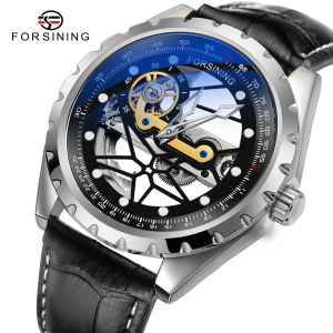 Original Forsining Automatic Watch Luxury Mens Transparent Hollow Design Mechanical Watch Silver Round Stainless Steel Belt Clock Male