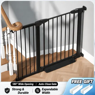 PlayPark Baby Safety Gate for Stairs and Doorways Pressure-Mounted Metal Child Gate with Double Lock No Drilling Adjustable Width