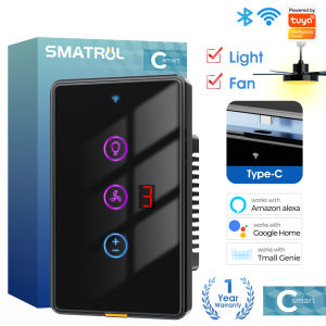 SMATRUL Smartlife/ Tuya WiFi Switch Fan Light Smart Touch Wall Switch 2 in 1 Ceiling Lamp Speed Control Wall Glass Panel Electrical Touch With Screen Display Backlight with Type-c Outdoor Remote Control Timing Voice for Alexa Google Home Tmall C-Smart