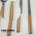 Locaupin Tableware Wooden Handle Stainless Steel Cutlery Spoon Two Prong Fork Knife Chopsticks Teaspoon Dinner Dish. 