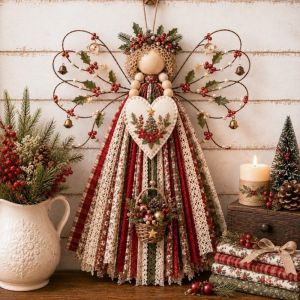 NBANLIKE Layered Wings Angel Fabric Hanging DIY Craft Kit Precut Fabrics Buttons Fabric Angel Craft Kit Festive Wall Decor with Guidance Fabric Angel Hanging Christmas