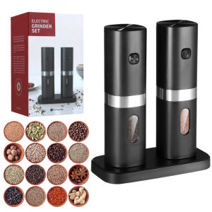 Electric Salt And Pepper Grinder Set Stainless Steel Pepper Mill USB Rechargeable Adjustable Coarseness Auto Grinders With Charging Base Blue LED Light One-Handed Operation Funnel (Black)