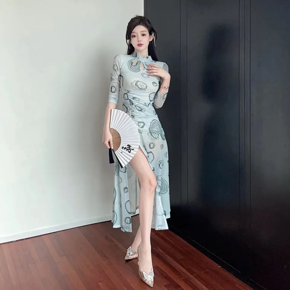 Váy đầm nữ body sườn xám trung hoa cách tân xẻ tà phối ren HT09 | Shopee  Việt Nam