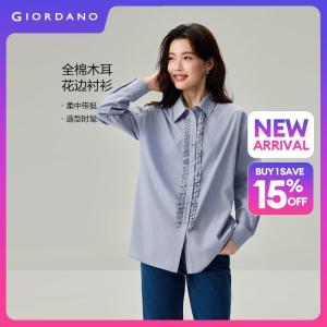 Giordano Women 100% cotton ruffled placket long sleeve shirt Free Shipping 05346878