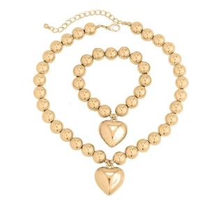 Big Love Heart Pendant Necklace Bracelet Set Everyday Wear Accessories Ball Bead Chain Accessory for Party