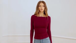 PRETTYGARDEN  Womens Long Sleeve Shirt  2025  Autumn Boat Neck Ribbed Knit Ruched Slim Fit Casual Basic Top  T  Shirt