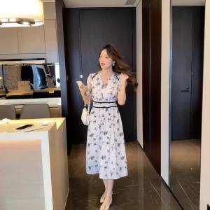 Dazzlin  ชุดฤดูร้อนใหม่กระโปรงหรูหราสไตล์ฝรั่งเศสย้อนยุค V ชุดเดรสชีฟองคอปกสไตล์พระราชวัง