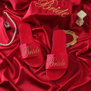 Free Shipping Embroidered New Style Wedding Bridesmaid Slippers For Women Satin Red Slippers For Newlyweds Wedding BrideS Dressing Gown Matching Shoes For Women