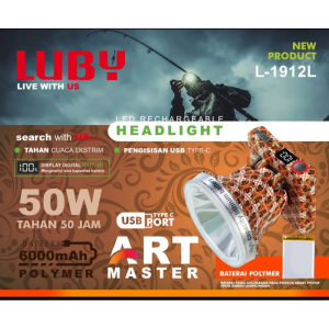 Senter Kepala LUBY L-1912L 50 Watt ART MASTER Pattern Headlamp Tahan Hingga 50 JAM Cahaya Putih