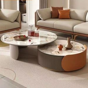 Slate Coffee Table Large Small Combination Living Room Retractable Large Small Round Coffee Table（No assembly required）