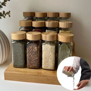 Glass Spice Jars 4 Oz Seasoning Containers with Bamboo Lids Square Empty Spice Bottles with Bamboo Cover Seasoning Bottling Bottle