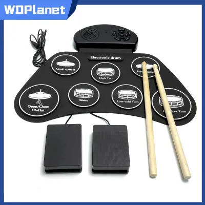 WDPlanet Tabletop Drum Pad with Pedals Portable Electronic Drum Pad with Speaker Digital Instrument for Beginners Kids Home Practice