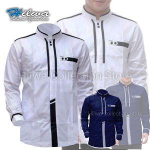 Hilwa Store Pekalongan - Baju Koko Pria Motif Kombinasi Lengan Panjang Fashion Muslim Khatulistiwa Warna Navy Putih Ukuran S M L XL XXL Jumbo Matt Katun Toyobo