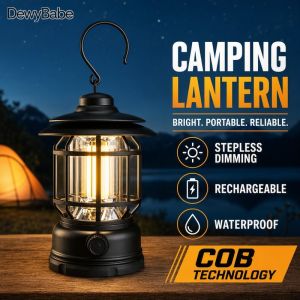 Camping Lantern Rechargeable Cob Led Stepless Dimming Waterproof Hanging Hook Portable Outdoor Tent Emergency Power Backup