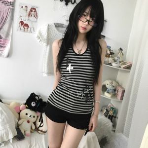 Subculture black and gray striped retro early millennial style y2k Halter neck slim-fit cool girl tank top