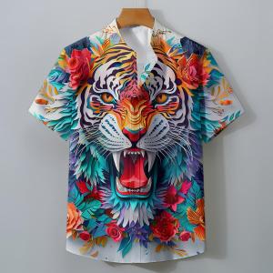 Animal Pattern Mens Shirt Full Printed Casual Short Sleeve 3D Fashion Versatile Tops Mens Clothing Plus Size Shirt