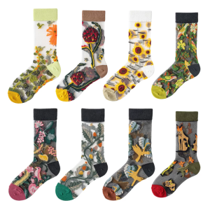Womens Floral Sheer Mesh Middle Calf Socks Breathable Glass Silk Fabric Soft Comfort Jacquard See Through Stockings Gift
