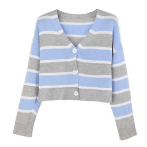 VEVE Striped Short Sweater Coat Womens Spring And Autumn Gentle Style Knitted Cardigan Top