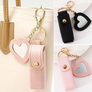 PU Leather Lipstick Bag  Keychain with Small Mirror Travel Portable Lip Gloss Bag