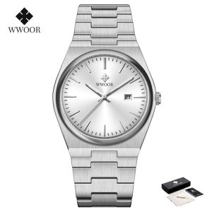 WWOOR Watch For Men Stainless Steel Business Texture Design Waterproof Quartz Wristwatches Calendar Watch Men For Free Box-901