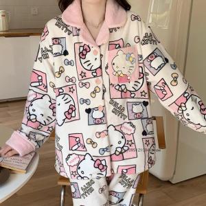 Cartoon Sanrio Hello Kitty Winter Coral Fleece Lapel Cardigan Womens Pajamas Thickene Warm Long Sleeve Comfortable Homewear Set