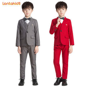 lontakids 5Pcs Kids Boys Silm Fit Suit Formal Attire Tuxedo Wedding Party Gentleman Outfit Toddler Red Gray Dresswear