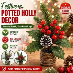 Artificial Holly Berries Potted Plant Lifelike Red Berries Low Maintenance For Christmas Dining