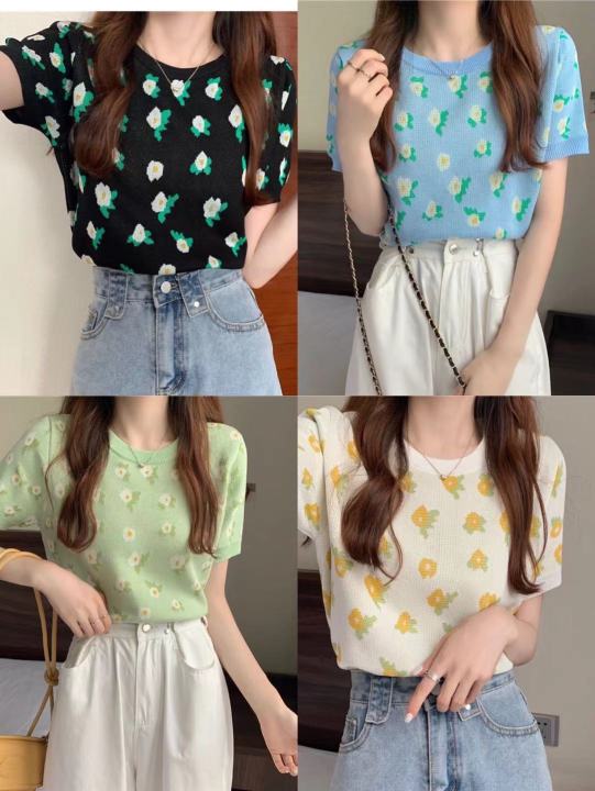 ♦️JaJa♦️💕เสื้อไหมพรม แขนสั้น คอกลม พิมพ์ลายน่ารัก | Lazada.co.th