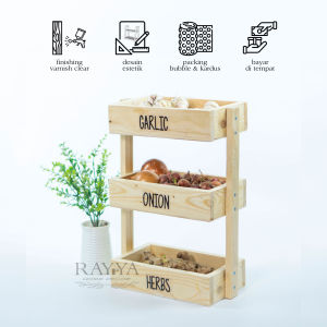 termurah rak bawang susun 3 kayu free sticker garliconioneggherbs (bebas pilih)