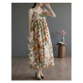 PM✿ Summer loose floral suspender dress women retro vacation mid-length dress. 