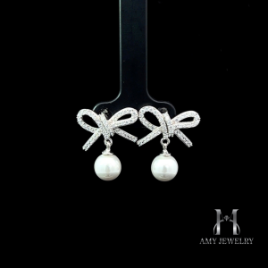 BAM17 Bông tai nữ hình nơ đính hột bẹt -bạc 925 xi bạc - xi bạch kim đính đá CZ