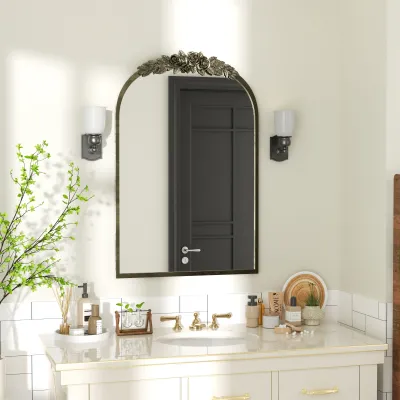 กระจกติดผนัง ย้อนยุค Antique Wall Mirror 60.5x91.6cm Vintage Baroque Arched Brass Mirror Metal Frame Antique Wall Mounted Mirror for Entryway Fireplace Living Room Hallway