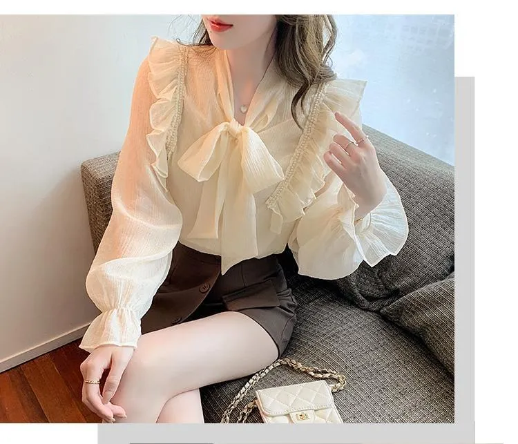 Chiffon Blouse Women Long Sleeve Korean Shirt 2022 New Fashion Loose  Elegant Temperament White Top