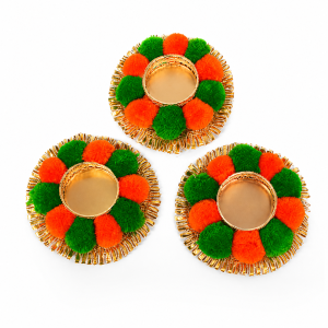 Pompom Metal Tealight Candle Holder | Decorative Festive Diya Stand for Home Pooja Room Diwali & Wedding Décor (Size - 4 Inch | Pack of 1 Pc)