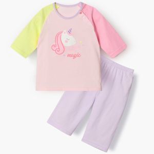 Bộ quần áo thun lửng tay vải cotton hữu cơ thoáng mát cho bé trai và bé gái mặc nhà mùa hè Unifriend Hàn Quốc U2022-5