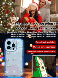 Christmas Phone Case Pink and White Bowknot Incoming Flash Sensor Phone Case Christmas AI Voice-Controlled Flashing Phone Case