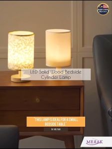 Solid Wood Cylinder LED Night Decoration Light Table Lamp Desk Bedside Lamp Lampu Bilik Tidur Lampu Katil实木布艺圆柱卧室床头灯
