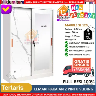 KLIKFURNITURE Lemari Pakaian Besi 2 Pintu Cermin Sliding MARBLE 120