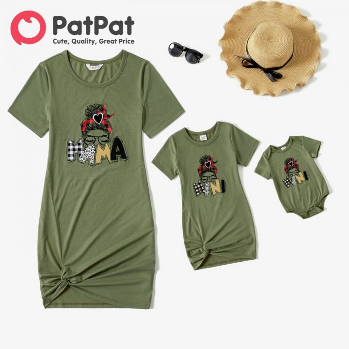 PatPat Family Matching Outfits Characters Letter Print Army Green