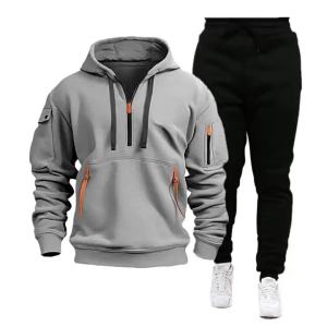 AE2024 Autumn and winter sports hoodie set for men multi-pocket zippered hoodie sportswear hoodie set plain design