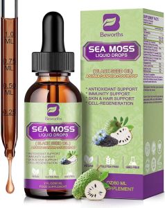 Sea Moss Liquid Drops - Irish Sea Moss & Black Seed Oil with Ashwagandha Soursop Bitters Elderberry Burdock Root Bladderwrack Seamoss Supplement Support Antioxidant Immune Gut Health