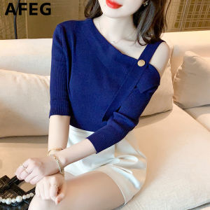 AFEGs new Korean style one-shoulder off-the-shoulder fashion slim fit all-match ice silk short-sleeved blouse for women