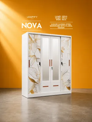 BETHANY | Grand 4-Door Full Steel Wardrobe with Full Sized Mirrors Shelves and Hanging Rod