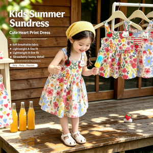 AILEBE Kids Dresses Colorful Heart Print Sleeveless A-Line Sundress With Strawberry Bunny Ornaments Soft Breathable Lightweight Summer Wear Cute OOTD Pambahay Party Dress For Baby Girls 0-12 Years