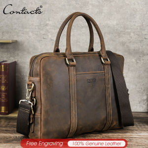 CONTACTS Genuine Leather Business Briefcase Men Large Capacity Vintage Crossbody Bag fit 13.3 inch Laptop Office Travel Business Bags