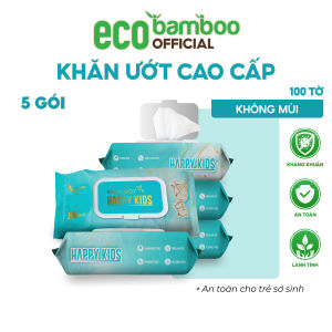 [ECOBAMBOO OFFICIAL]_Combo 05 gói Khăn ướt 100 tờ cho bé Happy Kids Không Mùi không paraben cao cấp