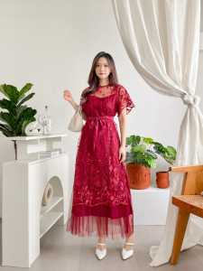 Dress Fransisca-84 2in1 Bahan Tile polos lapis Velvet Size M-L Brukat Premium Free Tali Pinggang